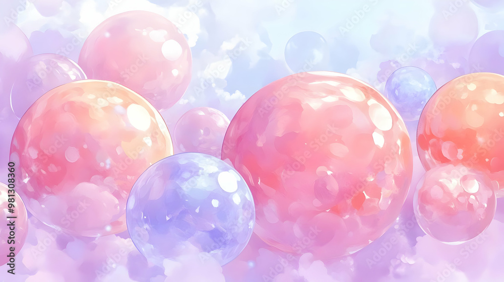 Floating Shiny Pastel Spheres in Dreamy Sky - Abstract Art Floating Shiny Pastel Spheres in Dreamy Sky - Abstract Art