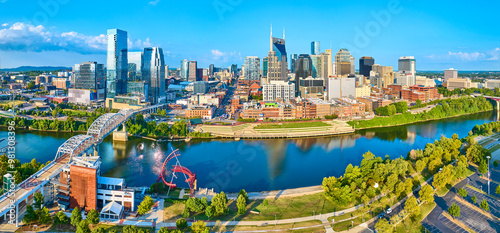Aerial Panorama of Nashville Skyline with Pedestrian Bridge and Riverfront
