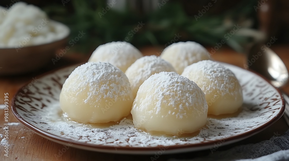 Six white, round, powdered dessert dumplings on a plate, with a blurred bowl of cottage cheese in the background. Six white, round, powdered dessert dumplings on a plate, with a blurred bowl of cottage cheese in the background.