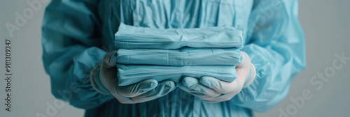 A healthcare worker in protective clothing and gloves holding neatly folded blue sterile garments, highlighting hygiene and safety practices in a medical environment. photo