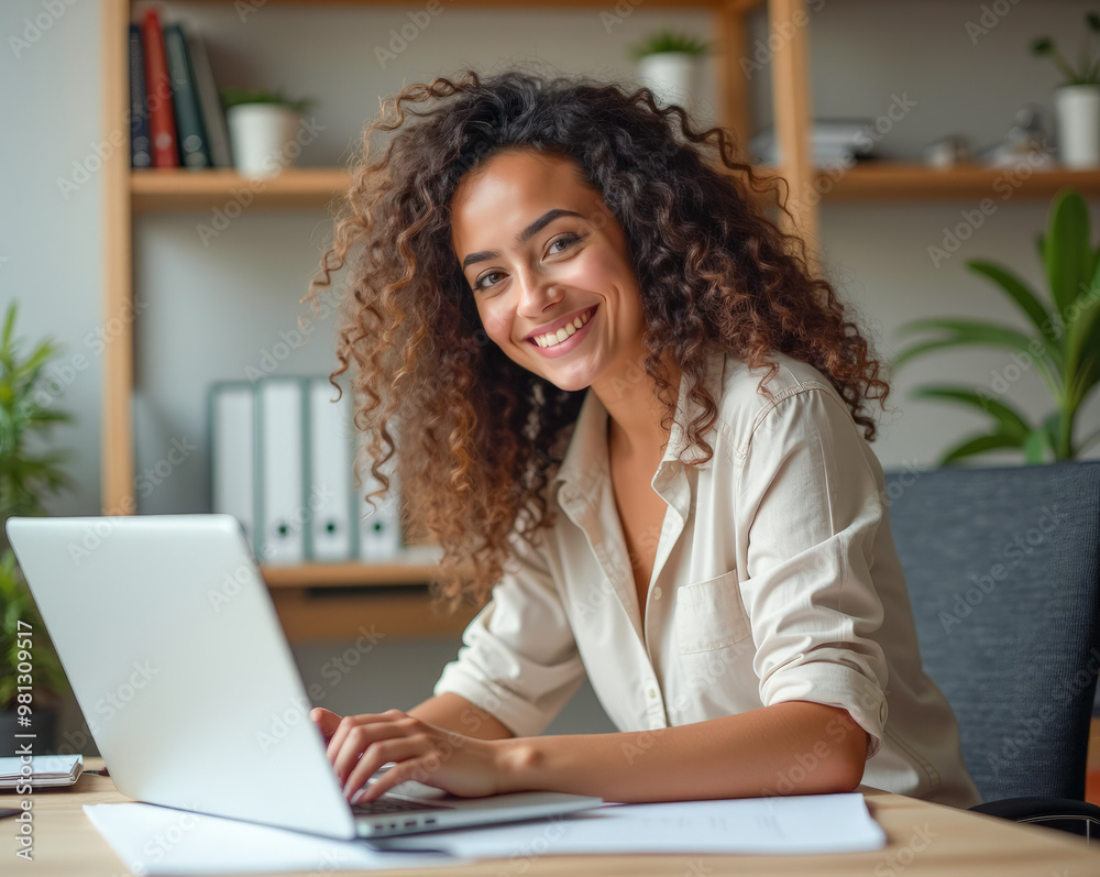 A stylish woman with curly hair is smiling in the office typing on a laptop A stylish woman with curly hair is smiling in the office typing on a laptop