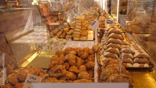 Showcase layout of sweet italian pastry items at indoor market in city center