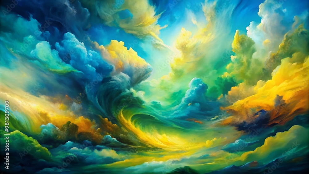 Fototapeta premium Vibrant abstract oil painting on canvas features swirling clouds of blue, green, and yellow hues, evoking emotions and depth with expressive brushstrokes.