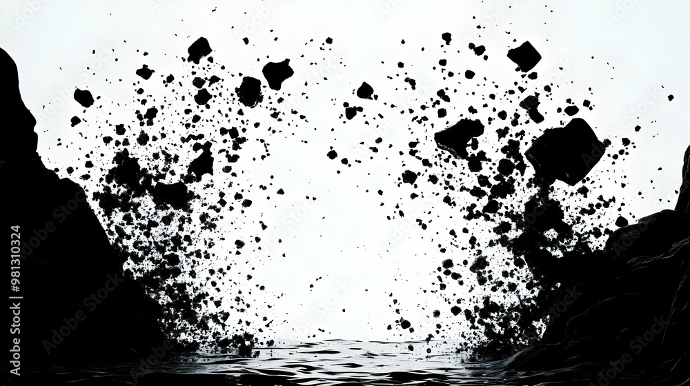 Black Rocks Falling Into Water, Abstract Art Black Rocks Falling Into Water, Abstract Art