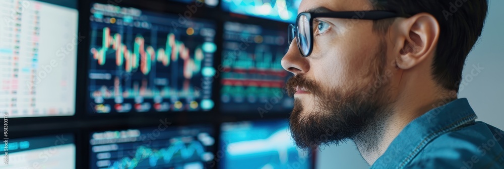 A focused man with glasses carefully monitors fluctuating stock market data and graphs displayed on multiple screens in a modern trading office environment. A focused man with glasses carefully monitors fluctuating stock market data and graphs displayed on multiple screens in a modern trading office environment.