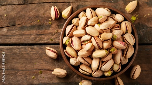 resh salted pistachios on rustic wooden background photo