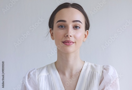 Confident and Radiant: A young woman with a serene expression and flawless skin gazes directly at the camera, radiating confidence and natural beauty. Her white blouse and subtle makeup enhance her de