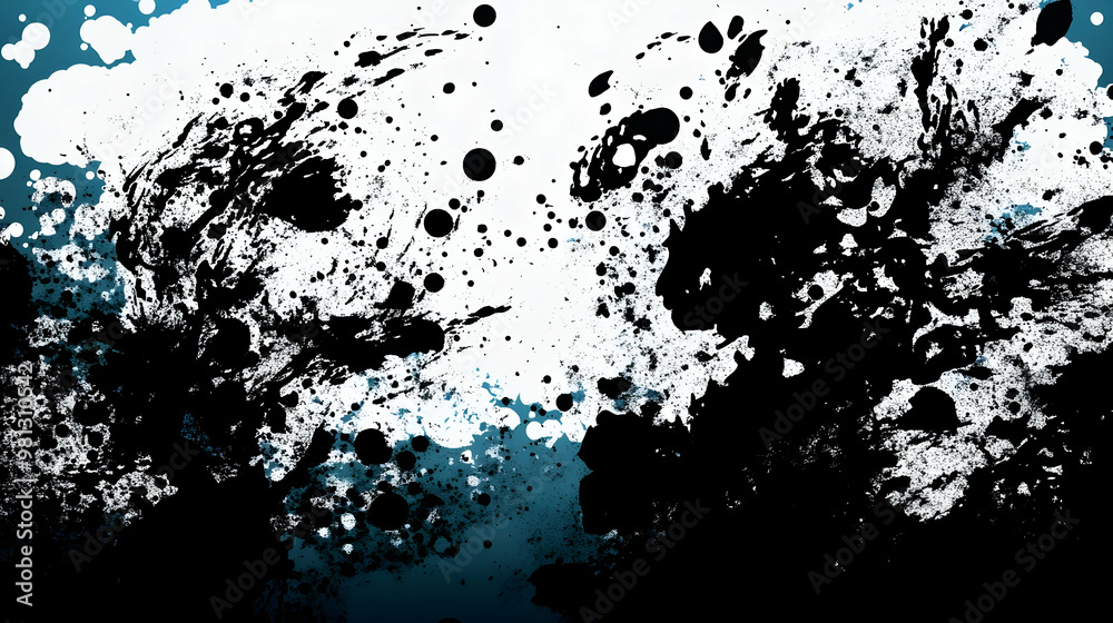 Abstract Black and White Ink Splashes on Blue Background: A Digital Art Exploration Abstract Black and White Ink Splashes on Blue Background: A Digital Art Exploration