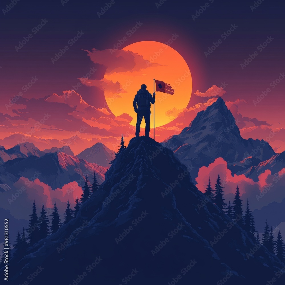 Summit Success: A lone figure stands triumphantly atop a mountain peak, holding a flag high against the backdrop of a fiery sunset, signifying the achievement of a challenging goal. Summit Success: A lone figure stands triumphantly atop a mountain peak, holding a flag high against the backdrop of a fiery sunset, signifying the achievement of a challenging goal.