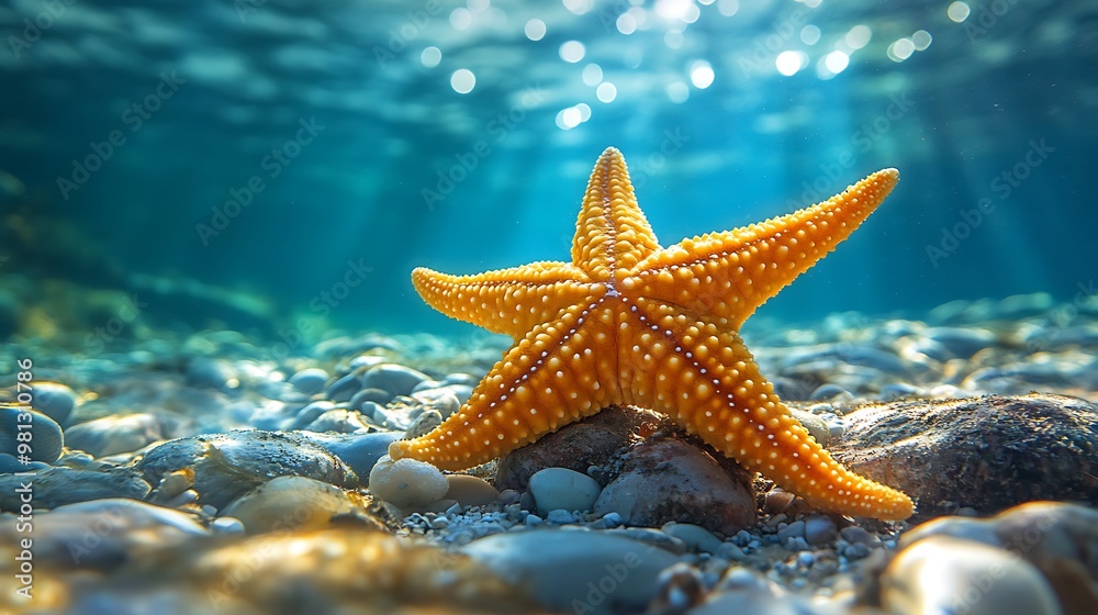 A starfish sits on the sandy bottom of the ocean floor with sunbeams streaming through the water. A starfish sits on the sandy bottom of the ocean floor with sunbeams streaming through the water.