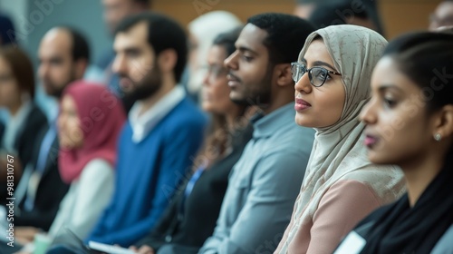 A diverse group of people attending a seminar on Islamic finance principles and practices photo