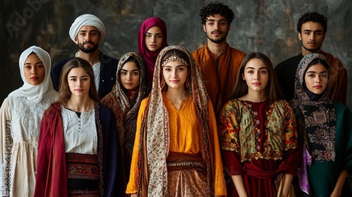 A diverse group of people in traditional attire from various cultures, standing together in harmony