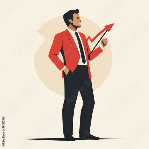 Red Suit, Rising Arrow: A stylish, confident businessman stands with an upward-pointing arrow, symbolizing growth, ambition, and success. The bold red suit and the arrow create a dynamic and optimisti photo