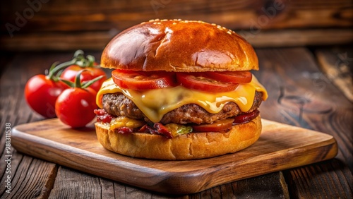 Juicy beef patty topped with crispy bacon, melted cheddar cheese, and a slice of tomato on a toasted brioche bun, served on a wooden board. photo