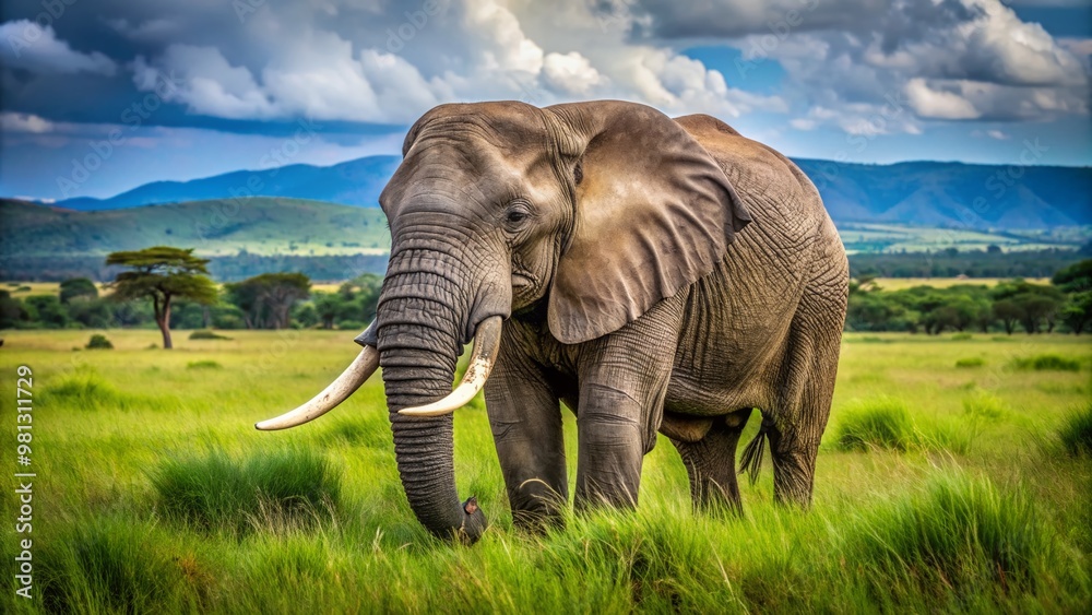 Fototapeta premium Majestic African elephant roaming freely in a lush, green savannah, its wrinkled gray skin and long, curved tusks a testament to its gentle giant nature.