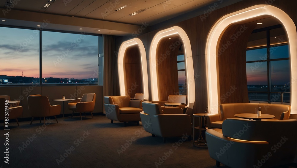 Cozy airport lounge with private pods, USB charging stations, and soft lighting. Cozy airport lounge with private pods, USB charging stations, and soft lighting.