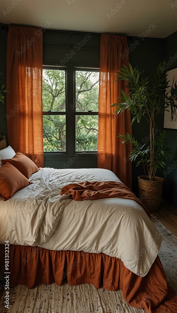 Cozy bedroom with soft linens, lush greenery, and orange curtains. Cozy bedroom with soft linens, lush greenery, and orange curtains.