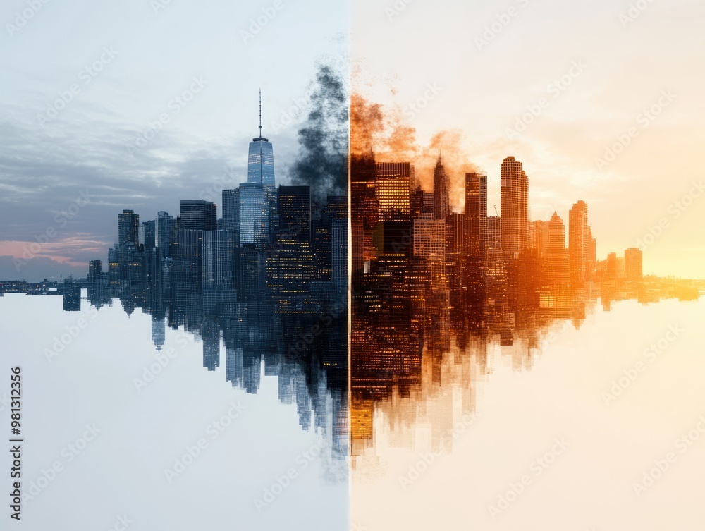 A visually striking split image of a cityscape reflecting dark, smoky tones on one side and warm, vibrant colors on the other, symbolizing contrast.
