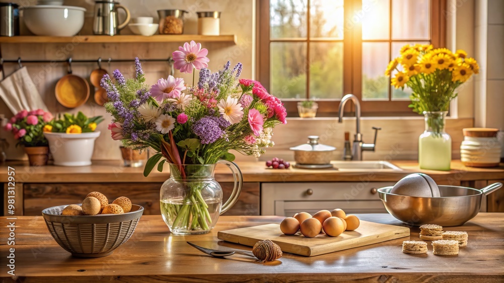 Fototapeta premium Warmly lit rustic kitchen countertop featuring a vase with fresh flowers, a mixing bowl with whisk, and a baking sheet with sweet treats.