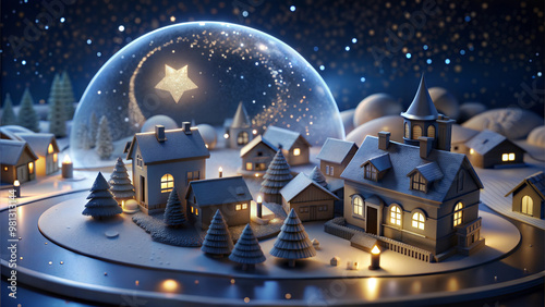 Wallpaper Mural Miniature snow-covered village inside a glowing snow globe at night, holiday ambiance Torontodigital.ca