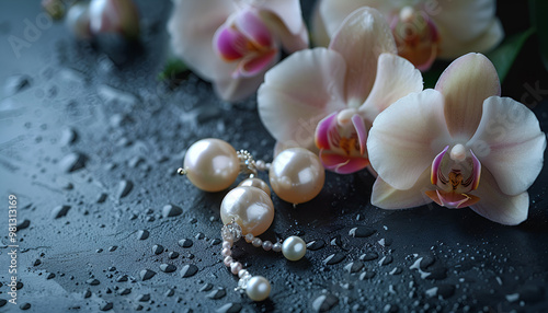 Elegant pearl earrings and orchid flower on black background, closeup