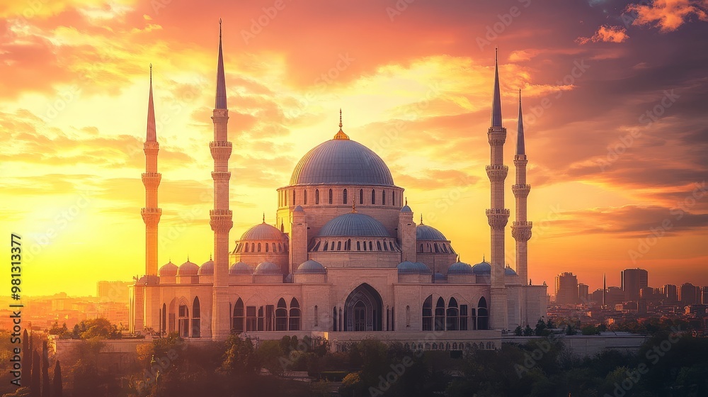 Obraz premium A grand mosque with an ornate dome and minarets, standing against a sunset sky