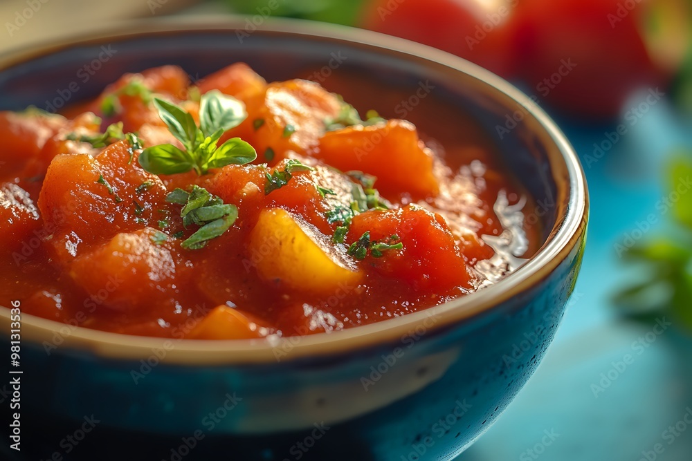 Bowl of fresh tomato sauce garnished with herbs