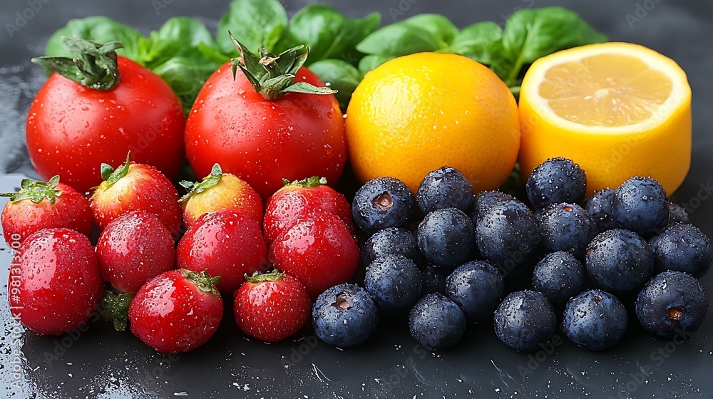 Fresh red tomatoes, yellow lemons, blueberries, and strawberries on a black background. Fresh red tomatoes, yellow lemons, blueberries, and strawberries on a black background.