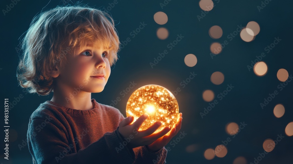 Naklejka premium Child Holding a Glowing Sphere in Magical Setting