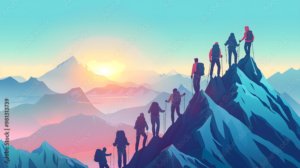 Group of people climbing a mountain peak, helping each other, representing teamwork and success in a business travel context Group of people climbing a mountain peak, helping each other, representing teamwork and success in a business travel context