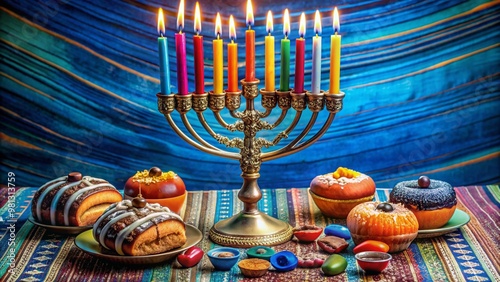 Vibrant menorah with nine lit candles and colorful dreidels surrounded by chocolates, sufganiyot, and traditional Hanukkah gelt on a festive blue tablecloth background. photo