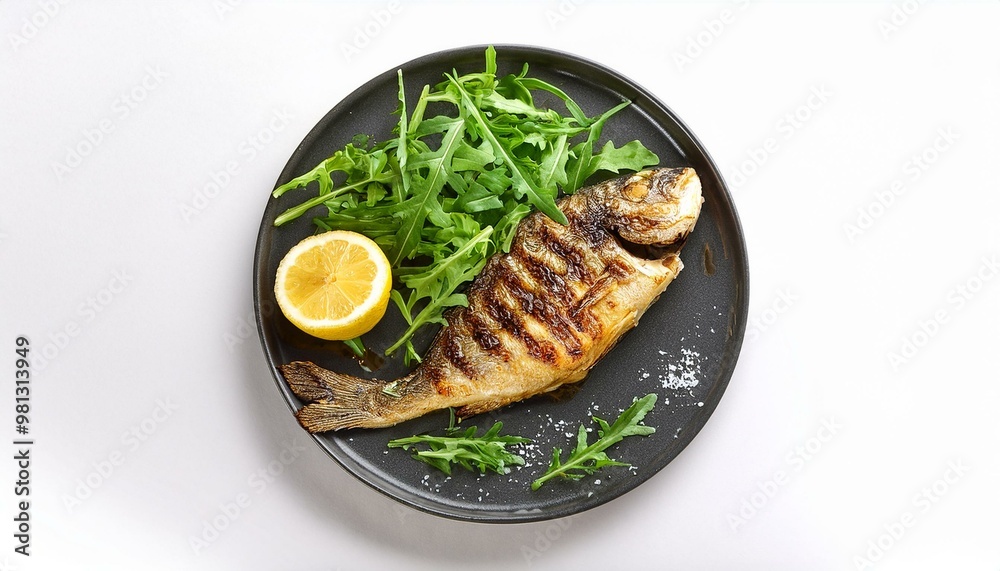 Grilled fish with rocket and lemon white backgraund Grilled fish with rocket and lemon white backgraund