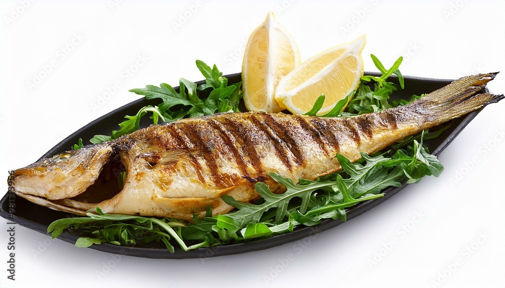Grilled fish with rocket and lemon white backgraund Grilled fish with rocket and lemon white backgraund