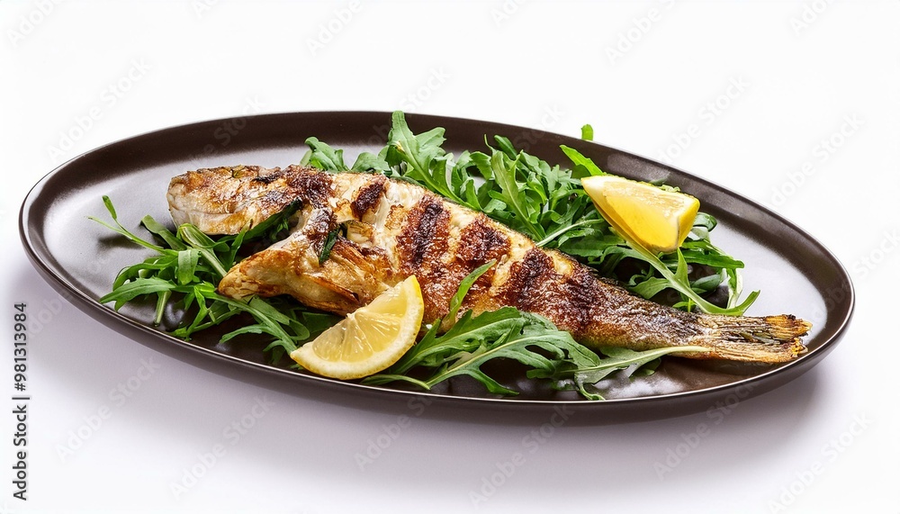 Grilled fish with rocket and lemon white backgraund Grilled fish with rocket and lemon white backgraund