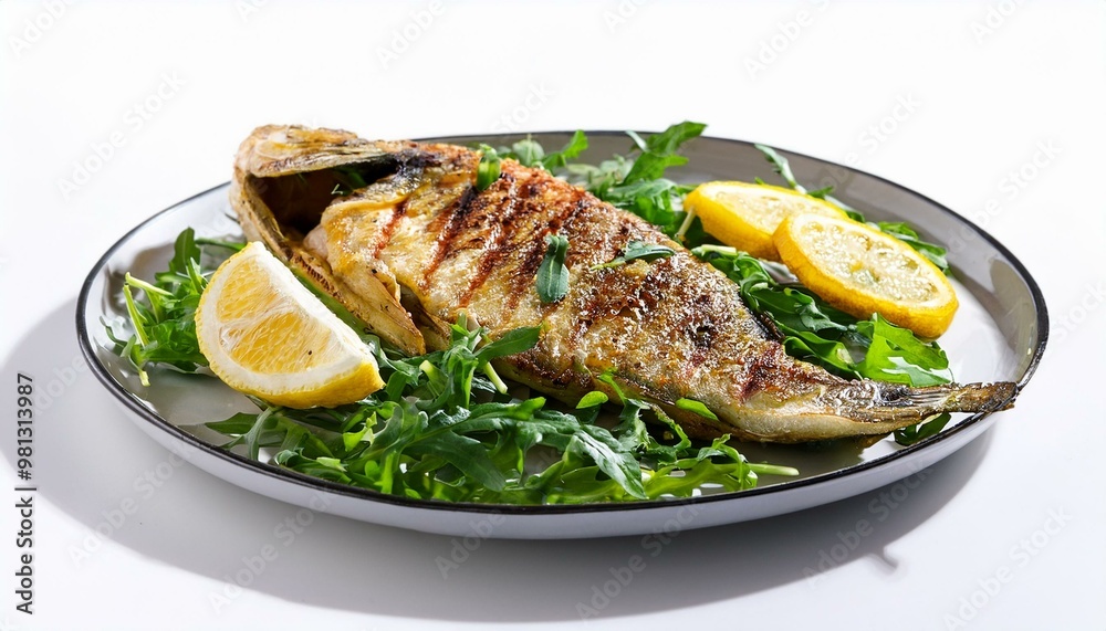 Grilled fish with rocket and lemon white backgraund Grilled fish with rocket and lemon white backgraund