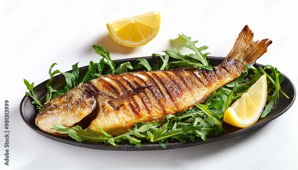 Grilled fish with rocket and lemon white backgraund Grilled fish with rocket and lemon white backgraund