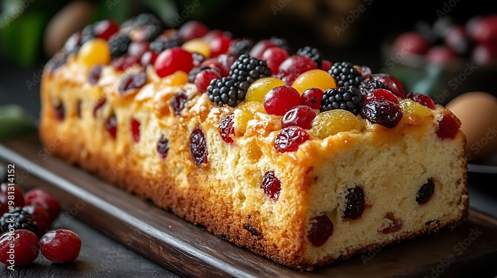 A loaf of fruit cake topped with cranberries, blackberries, and yellow grapes.