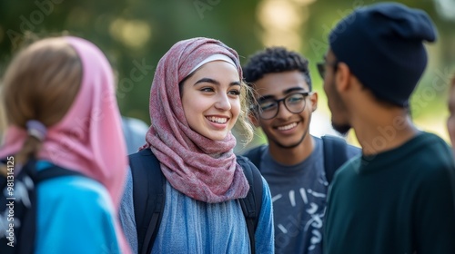 A group of young adults from different religious backgrounds engaging in a friendly conversation about faith