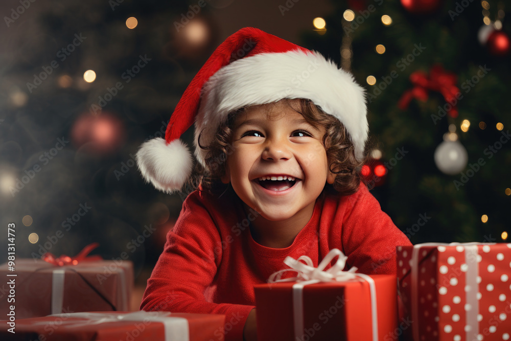 Young boy is lying on the floor wearing a santa hat and smiling surrounded by wrapped christmas presents in front of a decorated christmas tree Young boy is lying on the floor wearing a santa hat and smiling surrounded by wrapped christmas presents in front of a decorated christmas tree