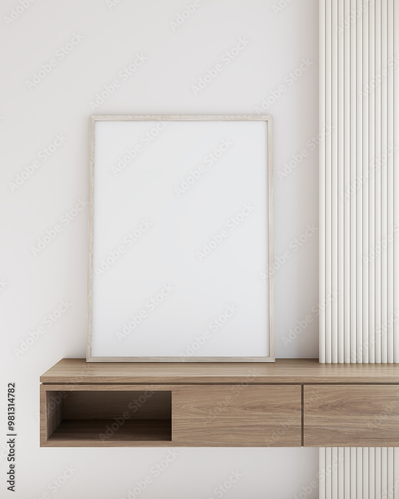 A minimalist interior featuring a blank canvas frame on a wooden shelf, perfect for displaying art or photography. 3D rendering A minimalist interior featuring a blank canvas frame on a wooden shelf, perfect for displaying art or photography. 3D rendering