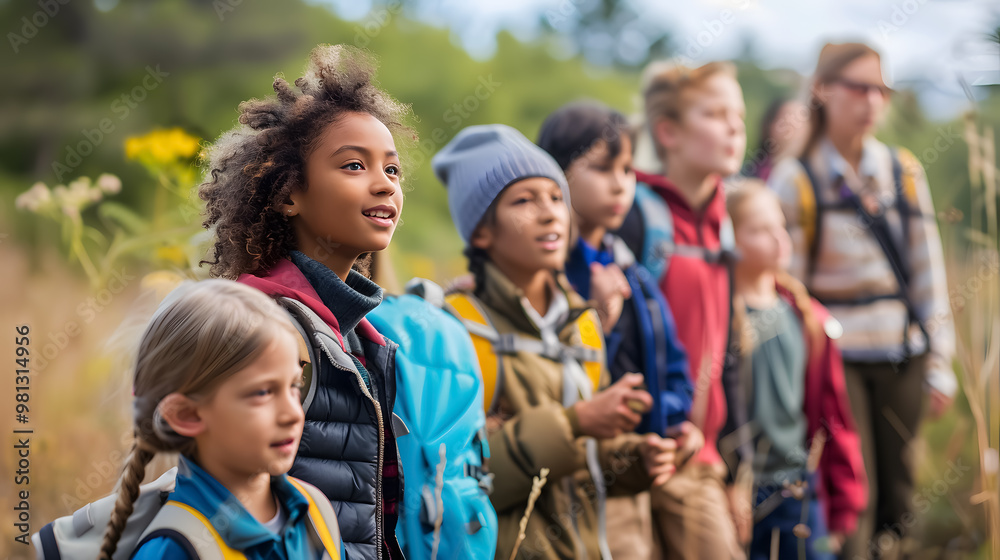 Fototapeta premium Group of school children with a teacher on a field trip in nature