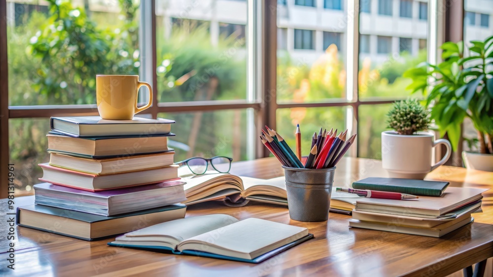 A cluttered desk with books, notebooks, and pens during a study session, desk, learning, education A cluttered desk with books, notebooks, and pens during a study session, desk, learning, education