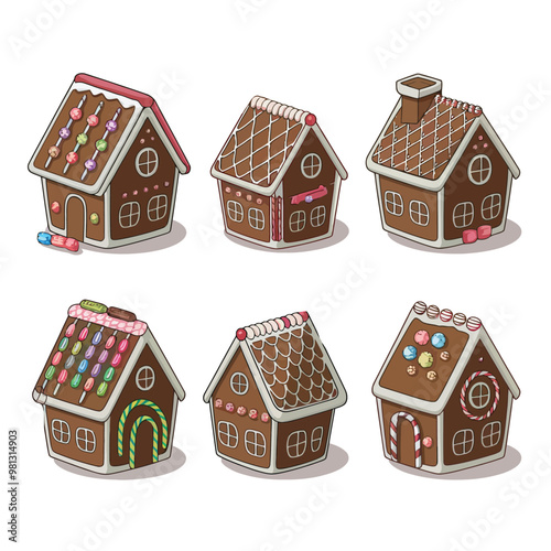 Six gingerbread houses with different decoration christmas idea