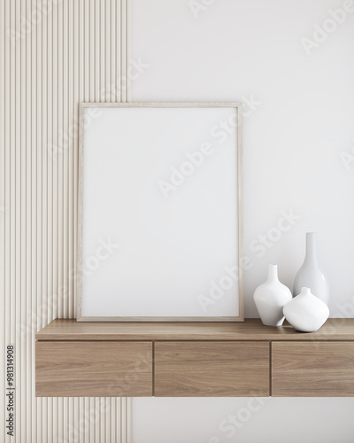 Minimalistic interior scene featuring a blank frame and elegant vases on a wooden shelf, perfect for modern decor inspiration. 3D rendering