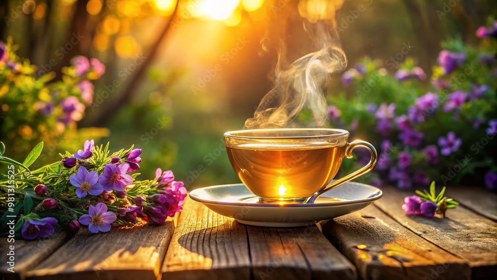 Warm golden light illuminates a delicate china teacup filled with steaming hot tea, surrounded by lush greenery and vibrant purple flowers on a rustic wooden table. Warm golden light illuminates a delicate china teacup filled with steaming hot tea, surrounded by lush greenery and vibrant purple flowers on a rustic wooden table.