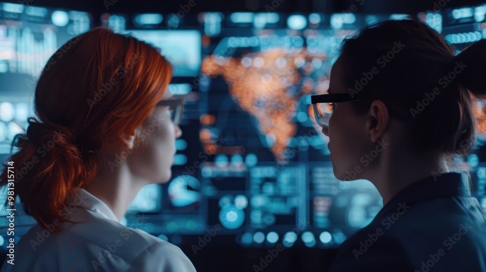 Two women in glasses analyze global data and charts displayed on large digital screens in a modern technology control room setting. Two women in glasses analyze global data and charts displayed on large digital screens in a modern technology control room setting.