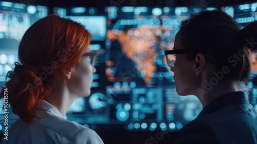 Two women in glasses analyze global data and charts displayed on large digital screens in a modern technology control room setting.