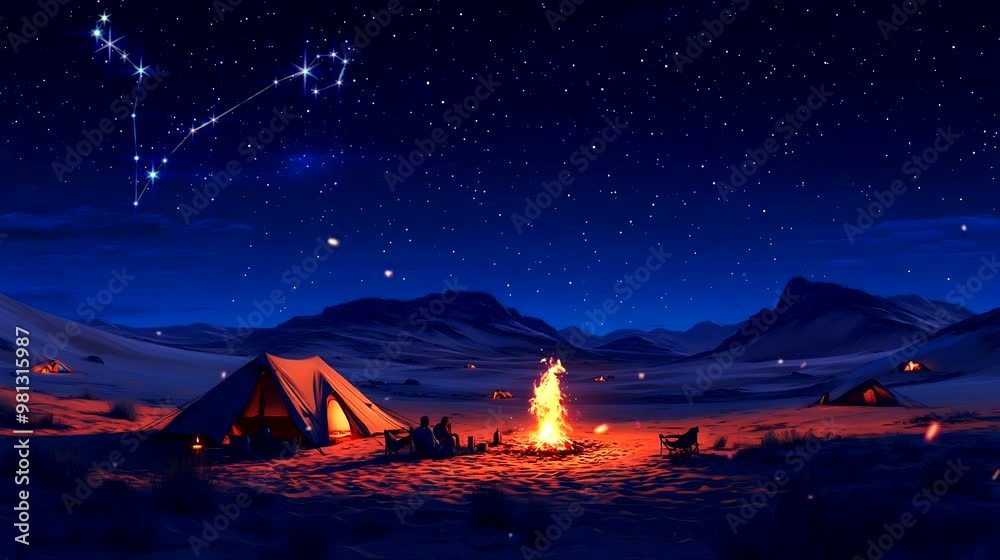 Night sky with constellations over desert campfires. Seamless looping 4k time-lapse animation video background.