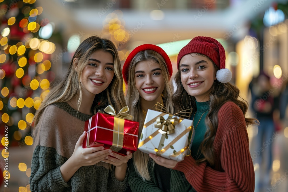 Three friends are happily celebrating Christmas together, sharing gifts and spreading joy during this festive season, demonstrating happiness and friendship in a cheerful atmosphere Three friends are happily celebrating Christmas together, sharing gifts and spreading joy during this festive season, demonstrating happiness and friendship in a cheerful atmosphere