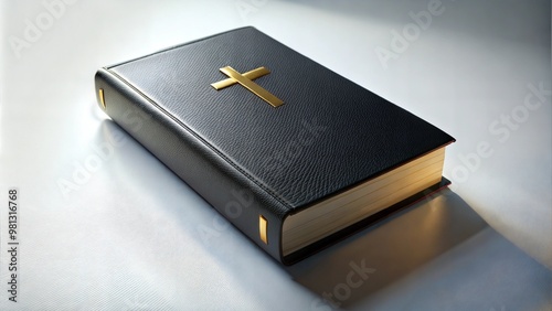 Photorealistic Black Leather Holy Bible with Gold Cross on a White Surface with Copy Space